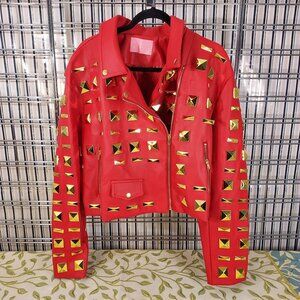 Azalea Wang Red Faux Leather Gold Studded Cropped Moto Jacket Size 3X (As Is)